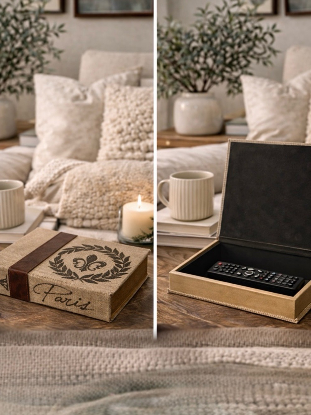 PARIS FAUX BOOK STORAGE BOX LINEN FLEUR DE LIS HIDDEN COMPARTMENT TABLE DECOR